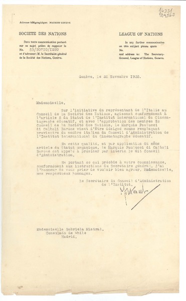 [Carta] 1935 nov. 20, Genève, [Suisse] [a la] Mademoiselle Gabriela Mistral, Consulado de Chile, Madrid, [España]