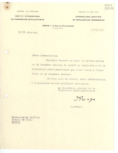 [Carta] 1936 févr. 21, Paris, [Francia] [a] Mademoiselle Mistral, Consul du Chili, Madrid