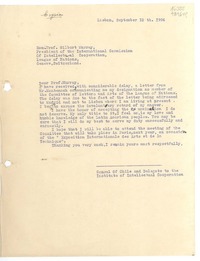 [Carta] 1936 Sept. 10, Lisboa, [Portugal] [al] Hon. Prof. Gilbert Murray, President of the International Commission of Intellectual Cooperation, League of Nations, Geneve, Switzerland
