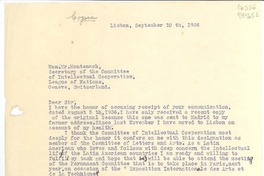 [Carta] 1936 Sept. 10, Lisboa, [Portugal] [al] Hon. Mr. Montenach, Secretary of the Committee of Intellectual Cooperation, League of Nations, Geneve, Switzerland