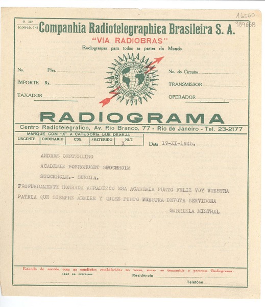 [Telegrama] 1945 nov. 19, [Brasil] [a] Andres Oesterling, Academie Boershuset Stockholm, Stockholm, Suecia
