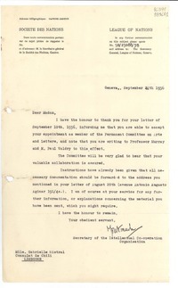 [Carta] 1936 Sept. 24, Geneva, [Suiza] [a] Mlle. Gabrielle Mistral, Consulat de Chili, Lisbonne