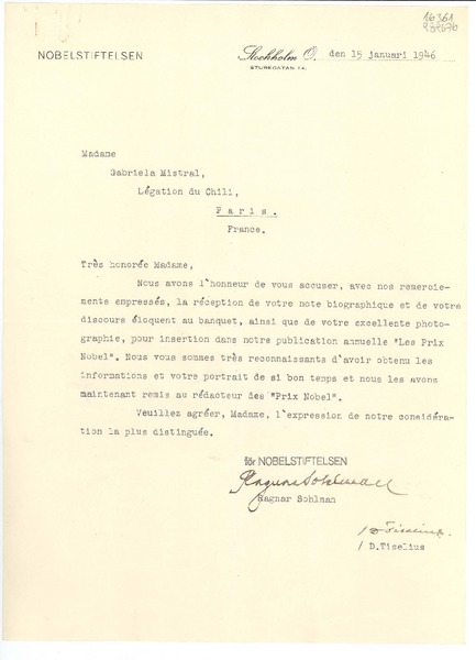 [Carta] 1946 janv. 15, Stockholm, [Sweden] [a la] Madame Gabriela Mistral, Légation du Chili, Paris, France