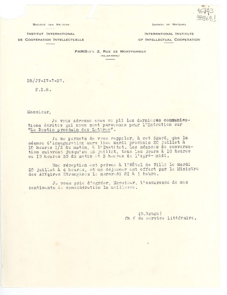 [Carta] 1937 juil. 17, Paris, [Francia] [a] Monsieur