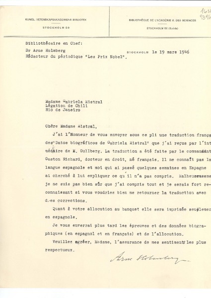 [Carta] 1946 mars 19, Stockholm 50, Suède [a la] Madame Gabriela Mistral, Légation de Chili, Rio de Janeiro, [Brasil]
