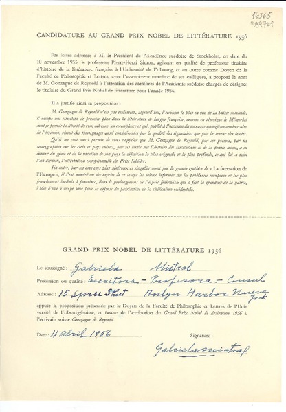 Candidature au Grand Prix Nobel de Littérature 1956