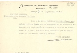 [Carta] 1956 sept. 3, Providencia, Santiago, Ministerio de Relaciones Exteriores, [Chile] [a la] Señora Gabriela Mistral, Cónsul adscripto en Nueva York, [EE.UU.]