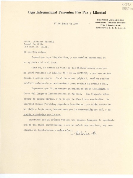 [Carta] 1946 jun. 17, Washington D. C., [Estados Unidos] [a] Srita. Gabriela Mistral, Consul de Chile, Los Angeles, Calif.