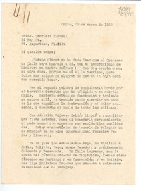 [Carta] 1939 ene. 29, Quito, [Ecuador] [a la] Srita. Gabriela Mistral, 24 Bay St., St. Agustine, Florida, [EE.UU.]