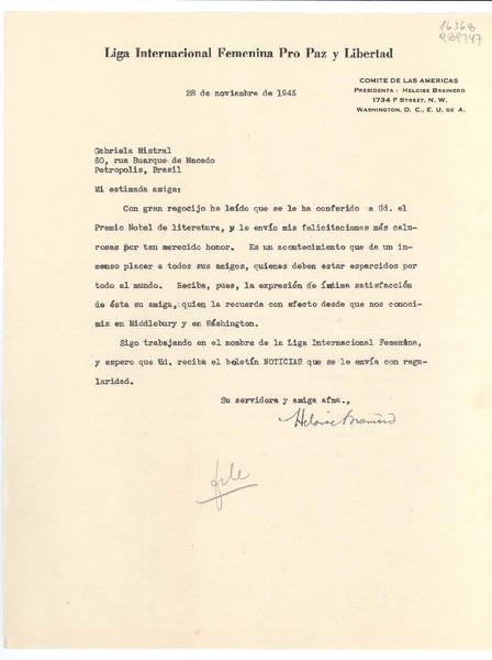 [Carta] 1945 nov. 28, 1734 F Street, N. W., Washington, D. C., [EE.UU.] [a] Gabriela Mistral, 60, rua Buarque de Macedo, Petrópolis, Brazil