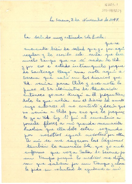 [Carta] 1947 nov. 2, La Serena, [Chile] [a] Lucila [Godoy Alcayaga]
