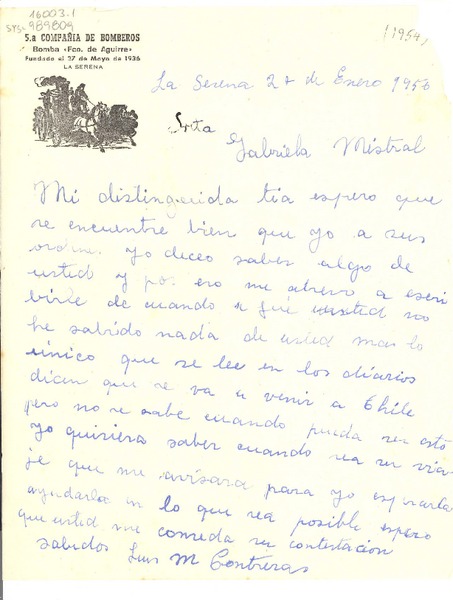 [Carta] 1956? ene. 27, La Serena, [Chile] [a] Gabriela Mistral