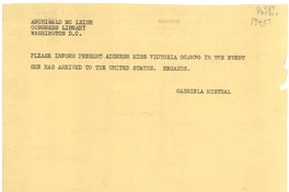 [Telegrama] [1945] [a] Archibald Mc Leish [i.e. MacLeish], Congress Library, Washington D. C., [EE.UU.]
