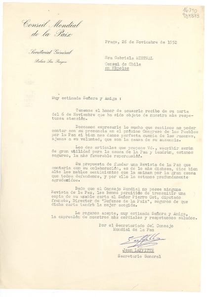 [Carta] 1952 nov. 26, Praga, [Checoeslovaquia] [a la] Sra. Gabriela Mistral, Cónsul de Chile en Nápoles, [Italia]