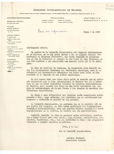 [Carta] 1946 jul. 3, 1734 F Street, N. W., Washington 6, D. C., [EE.UU.] [a la] Distinguida Señora