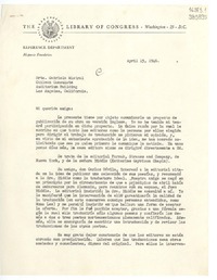 [Carta] 1946 abr. 15, Washington, [Estados Unidos] [a] Srta. Gabriela Mistral, Chilean Consulate, Auditorium Building, Los Angeles, California