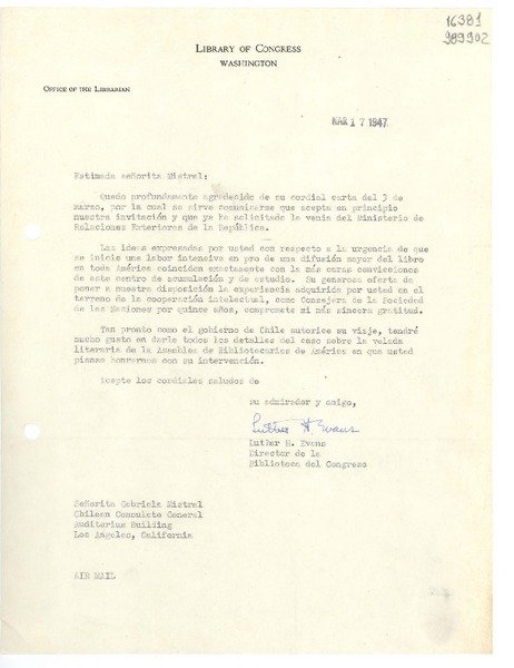 [Carta] 1947 mar. 17, Washington, [Estados Unidos] [a] Señorita Gabriela Mistral, Chilean Consulate General, Auditorium Building, Los Angeles, California