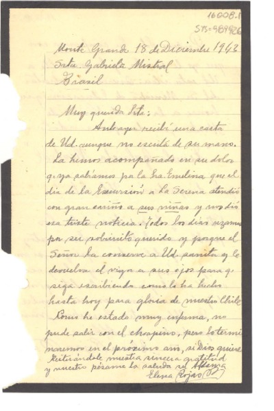 [Carta] 1943 dic. 18, Monte Grande, [Chile] [a] G[abriela] Mistral, Brasil