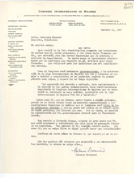 [Carta] 1947 feb. 11, Washington D. C., [Estados Unidos] [a] Srita. Gabriela Mistral, Monrovia, California