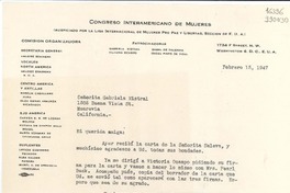 [Carta] 1947 feb. 13, Washington D. C., [Estados Unidos] [a] Señorita Gabriela Mistral, 1305 Buena Vista St., Monrovia, California