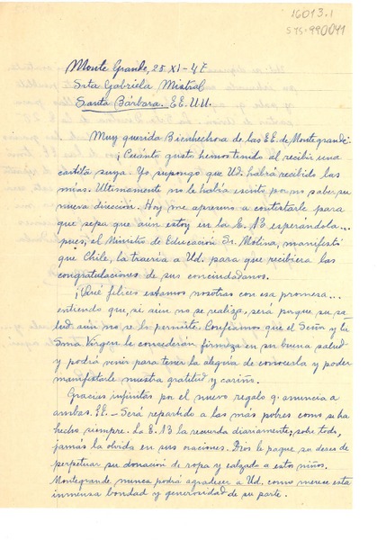 [Carta] 1947 nov. 25, Monte Grande, [Chile] [a] Gabriela Mistral, Santa Barbara, E.E.U.U.