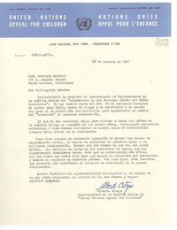 [Carta] 1947 oct. 27, United Nations Appeal for Children, Lake Succes, New York, [EE.UU.] [a] Doña Gabriela Mistral, 729 E. Anapamu Street, Santa Barbara, California, [EE.UU.]