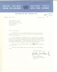 [Carta] 1948 Apr. 2, United Nations Appeal for Children, Lake Succes, New York, [EE.UU.] [a] Miss Gabriela Mistral, Consulate of Chile, 729 E. Anapamu, Street, Santa Barbara, California, [EE.UU.]