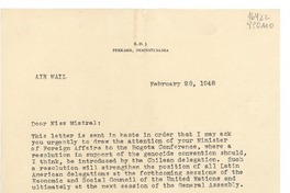 [Carta] 1948 Feb. 28, R. D. 3, Perkasie, Pennsylvania, [EE.UU.] [a] Miss Gabriela Mistral, 729 East Anapamu Street, Santa Barbara, California, [EE.UU.]