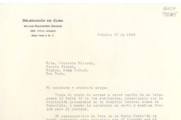 [Carta] 1953 oct. 27, 350 Fifth Avenue, New York 1, N. Y., [EE.UU.] [a la] Srta. Gabriela Mistral, Spruce Street, Roslyn, Long Island, New York, [EE.UU.]