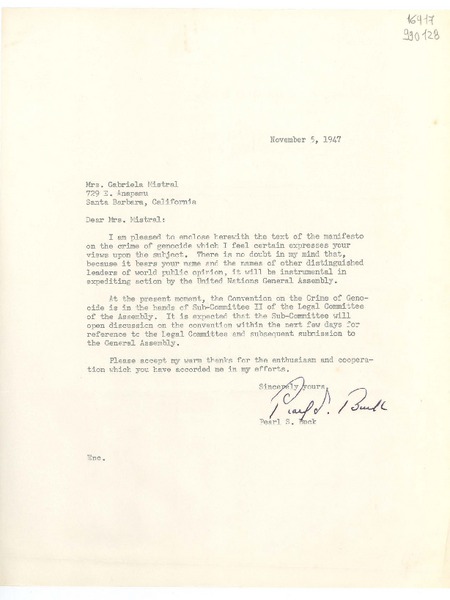 [Carta] 1947 Nov. 5, [Estados Unidos] [a] Mrs. Gabriela Mistral, 729 E. Anapamu, Santa Barbara, California