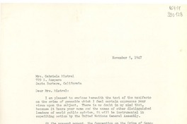 [Carta] 1947 Nov. 5, [Estados Unidos] [a] Mrs. Gabriela Mistral, 729 E. Anapamu, Santa Barbara, California