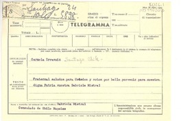 [Telegrama] 1952 jul. 28, Consulado de Chile, Nápoles, [Italia] [a] Carmela Errazuriz, Santiago, Chile