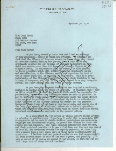 [Carta] 1970 Sept. 30, [Washington D. C., Estados Unidos] [a] Miss Joan Daves, Suite 2302, 515 Madison Avenue, New York