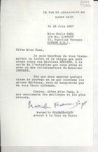 [Carta] 1967 juin 23, 75, Rue de Longchamp XVI, Kléber 02-57, [Paris], [France] [a] Miss Doris Dana, co Mr. Lintott, 11, Caroline Terrace, London S.W. I, [England]