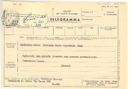 [Telegrama] 1952 ago. 8, Consulado de Chile, Napoli, [Italia] [a] Liubimiro Males, Instituto Italo Argentino, Roma, [Italia]