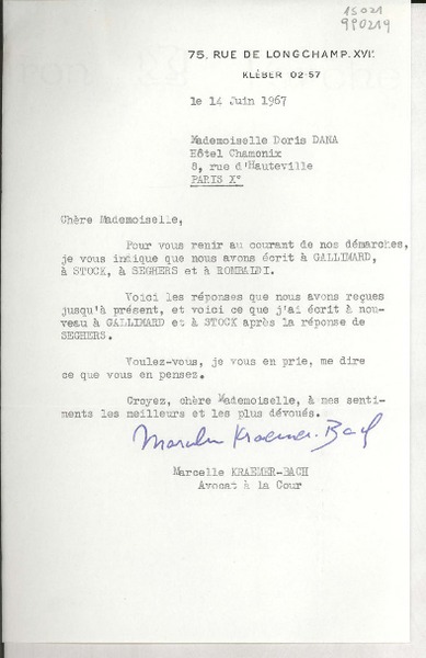 [Carta] 1967 juin 14, 75, Rue de Longchamp XVI, Kléber 02-57, [Paris], [France] [a] Mademoiselle Doris Dana, Hôtel Chamonix, 8, rue d'Hauteville, Paris X°, [France]