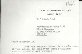 [Carta] 1967 juin 14, 75, Rue de Longchamp XVI, Kléber 02-57, [Paris], [France] [a] Mademoiselle Doris Dana, Hôtel Chamonix, 8, rue d'Hauteville, Paris X°, [France]