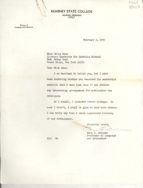 [Carta] 1969 Feb. 2, Kearney, Nebraska, [Estados Unidos] [a] Miss Doris Dana, Hack Green Road, Pound Ridge, New York