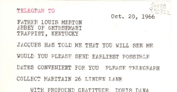 Telegram, 1966 Oct. 20 [al] Father Louis Merton, Abbey of Gethsemani Trappist, Kentucky, [EE.UU.]