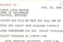 Telegram, 1966 Oct. 20 [al] Father Louis Merton, Abbey of Gethsemani Trappist, Kentucky, [EE.UU.]