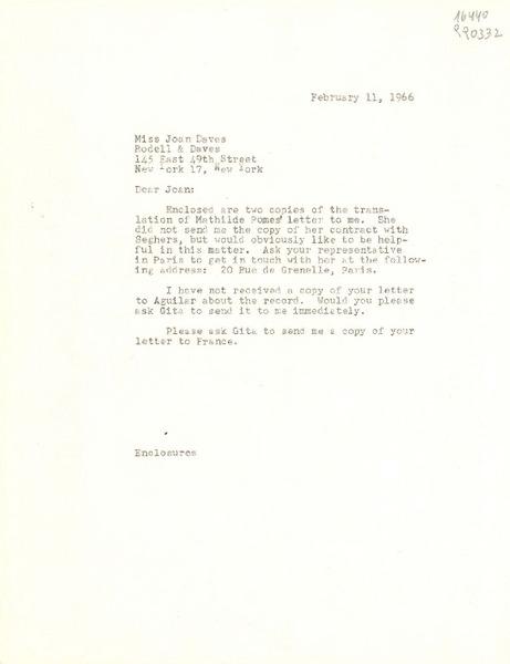 [Carta] 1966 Feb. 11 [a] Miss Joan Daves, Rodell & Daves, 145 East 49th Street, New York 17, New York, [EE.UU.]