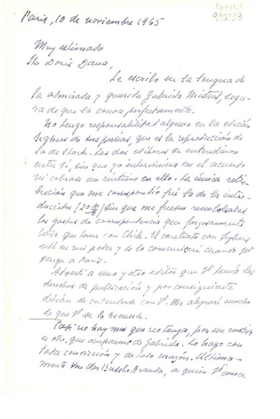 [Carta] 1965 feb. 10, 20 Rue de Grenelle, Paris, [France] [a la] Muy estimada Sta. Doris Dana