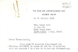 [Carta] 1968 juil. 20, Paris, [Francia] [a] Miss Doris Dana P. Box 284, Hack Green Road, Pound Ridge, N. Y.