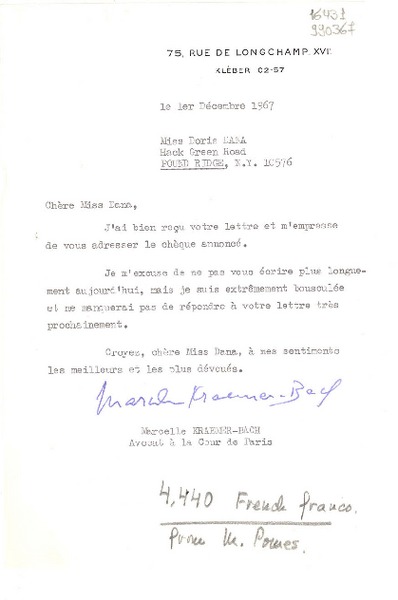 [Carta] 1967 déc. 1, Paris, [Francia] [a] Miss Doris Dana, Hack Green Road, Pound Ridge, N. Y.