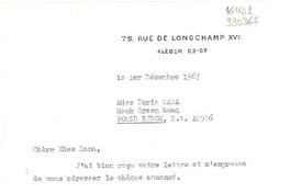 [Carta] 1967 déc. 1, Paris, [Francia] [a] Miss Doris Dana, Hack Green Road, Pound Ridge, N. Y.