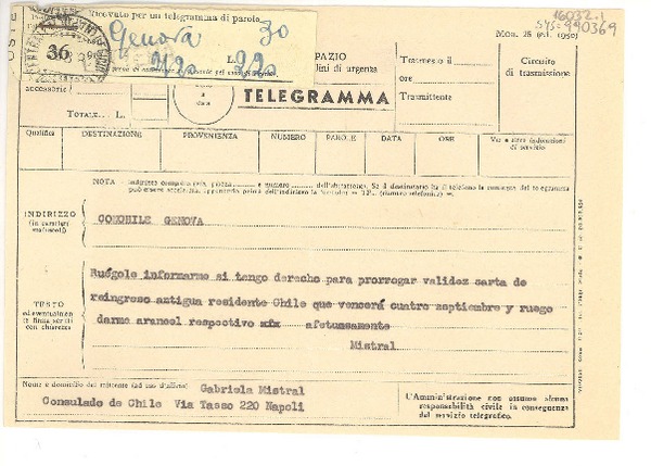 [Telegrama] 1952 ago. 23, Consulado de Chile, Napoles, [Italia] [a] Con[sulado de] Chile, Genova, Italia