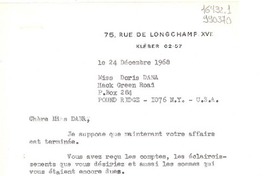 [Carta] 1968 déc. 24, Paris, [Francia] [a] Miss Doris Dana P. Box 284, Hack Green Road, Pound Ridge, N. Y.