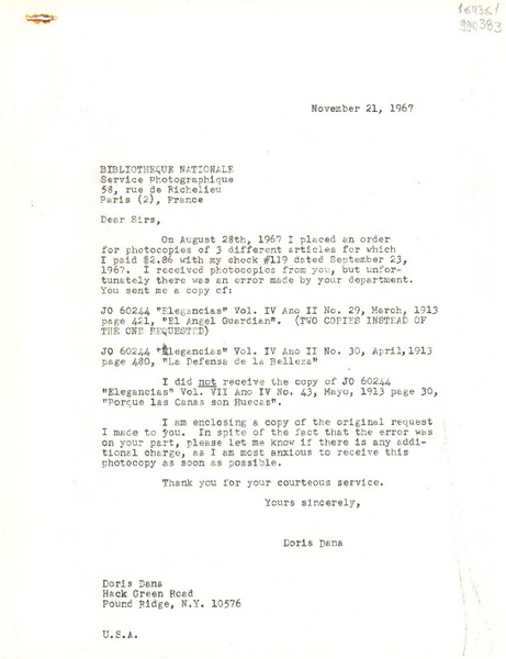 [Carta] 1967 Nov. 21, Hack Green Road, Pound Ridge, N. Y., [Estados Unidos] [a] Bibliotheque Nationale, Service Photographique, Paris, France