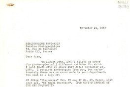 [Carta] 1967 Nov. 21, Hack Green Road, Pound Ridge, N. Y., [Estados Unidos] [a] Bibliotheque Nationale, Service Photographique, Paris, France