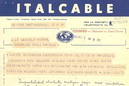 [Telegrama] 1952 set. 7, Santiago, Chile [a] Gabriela Mistral, Consulado Chile, Napoles, [Italia]